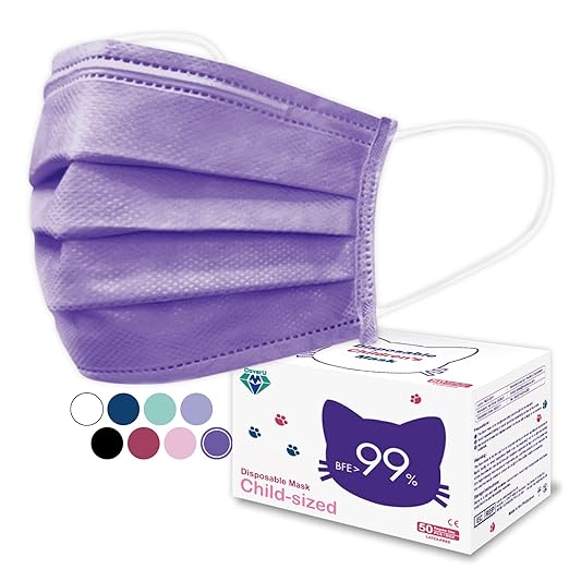 Medtecs Kids Face Mask Disposable - 2 Sizes Option (Child/Youth) 50 PCs - Comfy 3-Ply Breathable Children Masks, the Better & Safer Choice - Child | Lavender