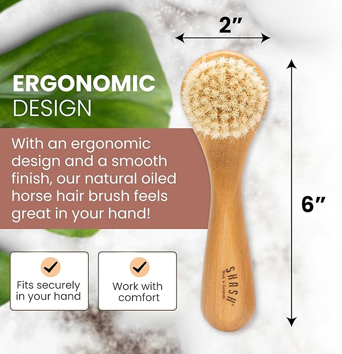 SHASH Made in Germany Hand Made Since 1869 First Cut 100% Boar Bristle - Exfoliating Face Brush, Scrub Cleansing Brush, Exfoliates Skin to Help Reduce Flaking, Fine Lines, Supports Glowing Complexion
