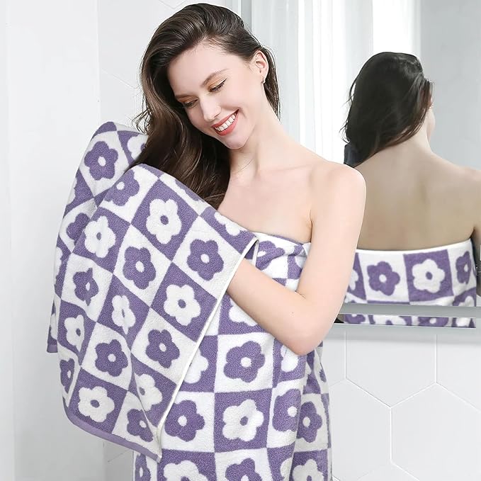 Jacquotha 2-Pieces Luxury Bath Towels Checkered Floral, Purple Towels for Women Girls Shower Body 27.5x55 Inches, Cute Bathroom Decor, Cotton
