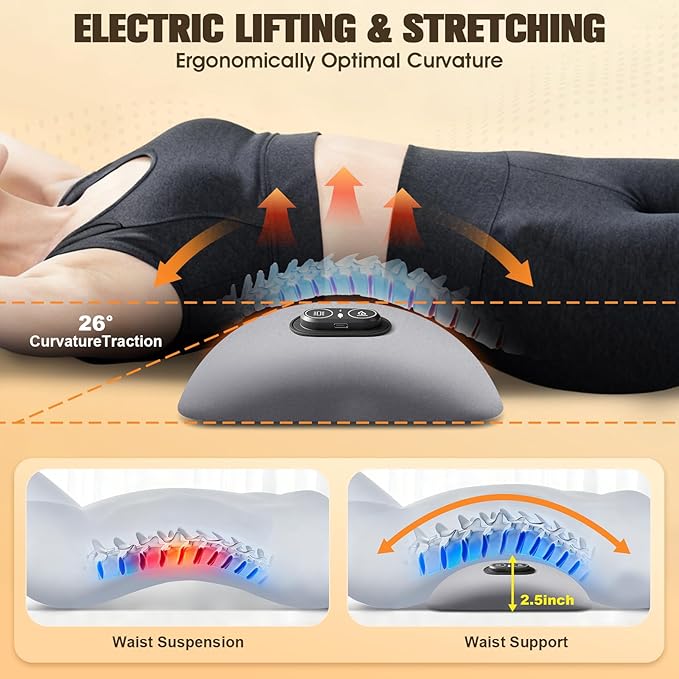 3-in-1 Electric Lumbar Support Pillow,Triple Fusion Back Massager with Heat,Vibration&Traction,Back Support Pillow for Bed&Chair,Lumbar Support Pillow for Lower Back Pain Relief&Spine Support-SoftGray