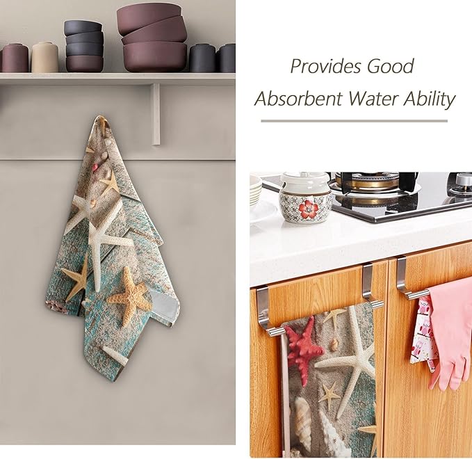 Nautical Seashell Starfish Hand Towels for Bathroom Set of 2,Decorative Summer Blue Wooden Beach Themed Bathroom Towels for Bath,Face,Hair,Soft Absorbent Dish Towels for Kitchen Decor 28"x14"
