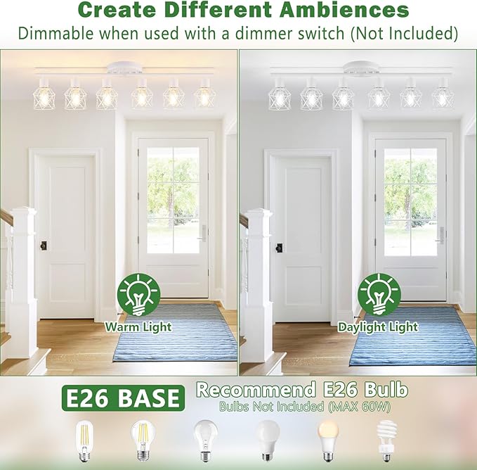 Baocuz 6-Lights White Semi Flush Mount Ceiling Light with Geometric Metal Cage, Modern Kitchen Track Lighting Fixtures Ceiling, Rotatable Close to Ceiling lamp for Entryway, Living Room, Hallway