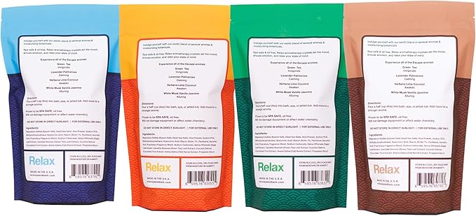 Relax Spa & Bath Aromatherapy Variety Pack Bath Salts for Hot Tub, Bath, or Spa, Four 2LB Bags Infused with Magnesium, Bath Salt for Soaking, Escape Line Scent