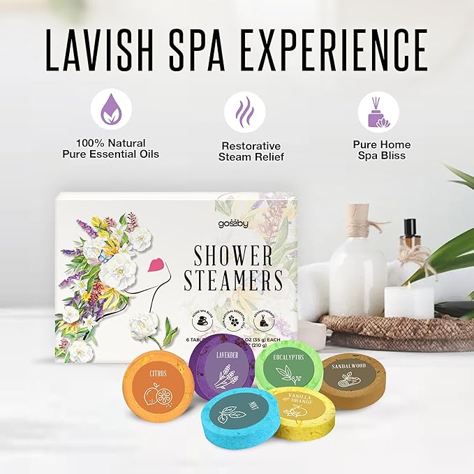 GOSSBY Shower Steamers Aromatherapy (6 Pcs) - Mothers Day Gift for Mom - Birthday, Stress Relief Gift for Women Wife Teen Girl - Basket Stuffers - Natural Essential Oils, Self Care Relaxation Home Spa