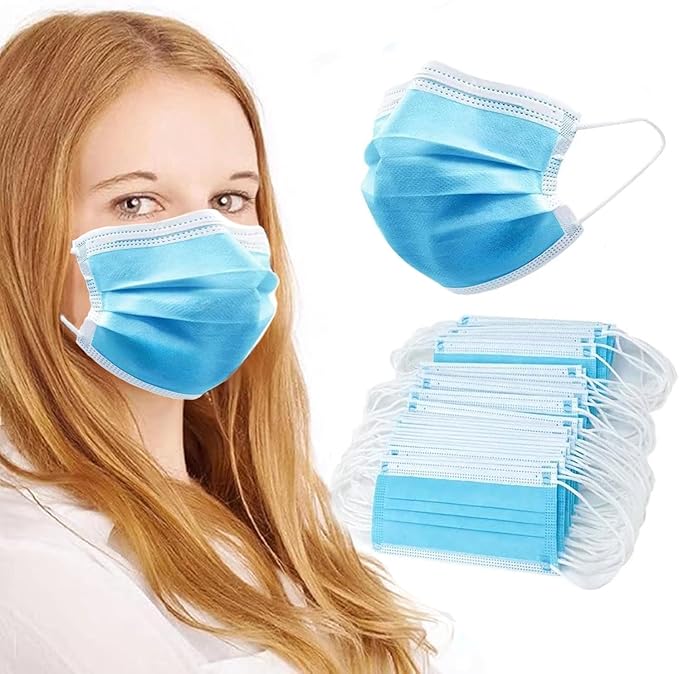100Pcs Blue Disposable Face Mask, 3 Ply Masks with Soft Elastic Ear loops