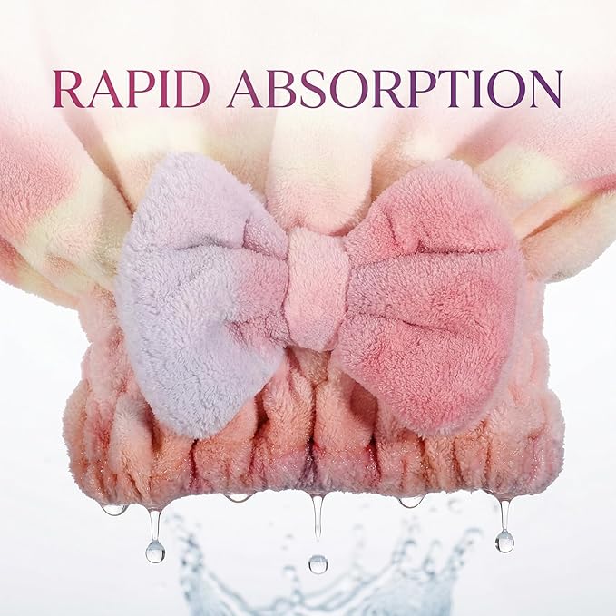 2 Pcs Ultra Absorbent Microfiber Hair Towel Wrap, Bow Tie Design Hair Drying Caps Quick Dry Hair Towel for Women Girls Long Curly Hair (Gradient)
