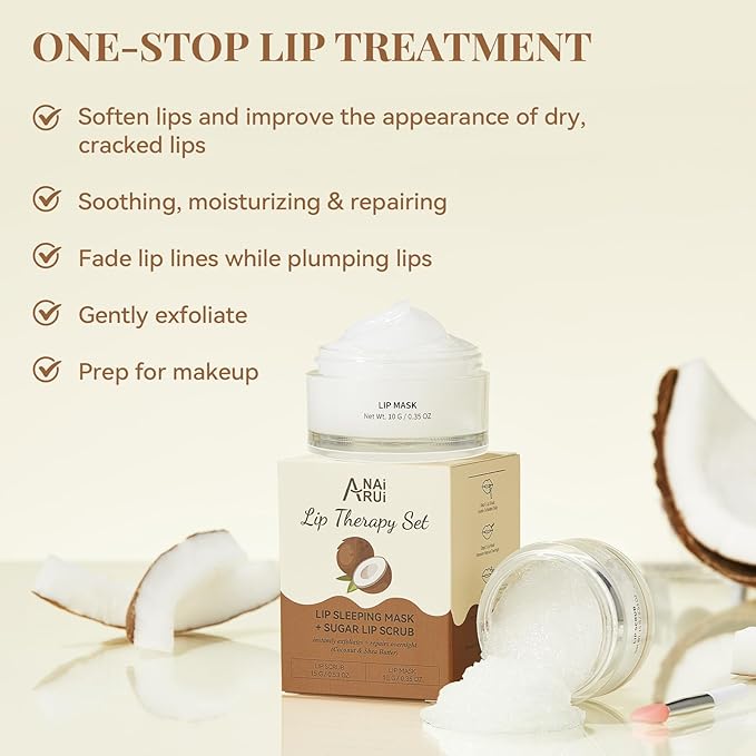 ANAI RUI Coconut Lip Scrub & Lip Mask Set with Shea Butter, Lip Scrubber Exfoliator Enriched with Vitamin E, Sugar Scrub for Dry Lips, Hydrating Lip Mask, Mothers Day Gifts For Women