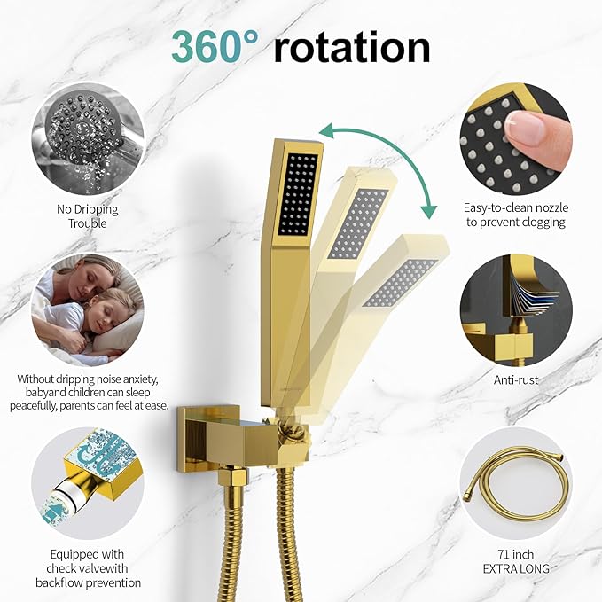 SR SUN RISE Shower System - Shower Faucet Set with 8 Inch Rain Shower Head and Handheld Shower - High Pressure Rain Shower System - All Metal Shower Faucet Trim Repair Kits - Brushed Gold