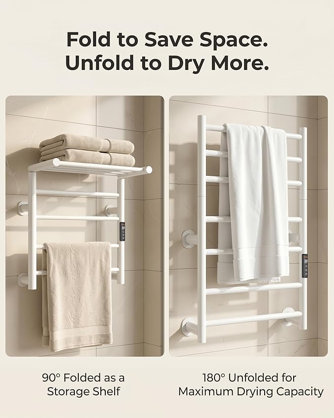 Foldable Heated Towel Rack, Dual-Zone Electric Towel Warmer Rack with Timer, GFCI Plug-in or Hardwired, Wall-Mounted, Drill-Free Installation, Matte White, CA3-700X550-Standard-MW
