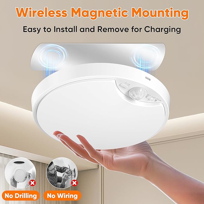 10000mAh Rechargeable Motion Sensor Ceiling Light with Remote, Battery Operated Closet Light No Wiring, Magnetic Wireless LED Ceiling Lights,3 Color Indoor Overhead Lamp for Shower Pantry Shed Hallway