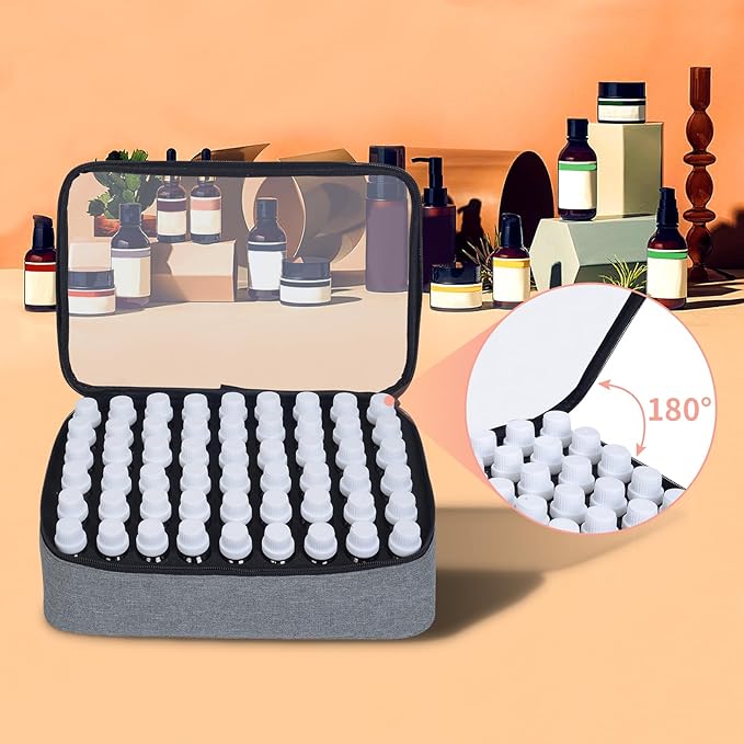 Essential Oils Carrying Case Holds 54 Grids for 1-3ML Roller Bottles 5ml, 10ml, 15ml Bottles Storage Organizer Bag Transparent, Essential Oil Bag with Detachable Sponge Pad Grey