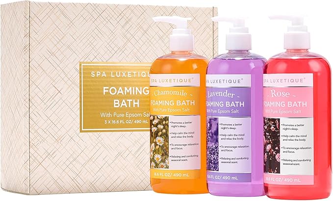 Spa Luxetique Bubble Bath, Foaming Bath with Epsom Salt, Chamomile Rose and Lavender Scent Bathing Set, 3 Pack 49.8 fl oz Mothers Day Gifts Set for Women and Men