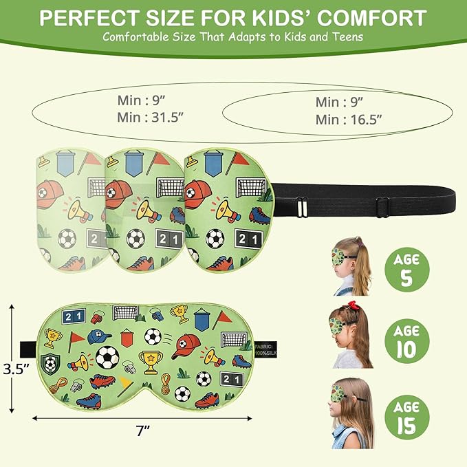 Kids Silk Sleep Mask: 100% Mulberry Silk Eye Mask with Adjustable Strap, Cute Sleeping Blindfold for Boys Girls Teens, Soft & Lightweight Eye Shade for Travel, Nap, Bedtime (Soccer Cute Print)