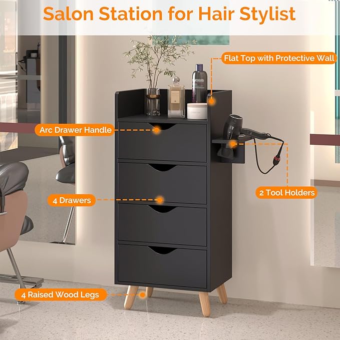 OmySalon 4 -Layer Salon Storage Cabinet,Beauty Barber Salon Styling Station Organizer Equipment,Hair Stylist Station Set with 2 Hair Dryer Holders，4 Drawers and Raised Table Legs, Black