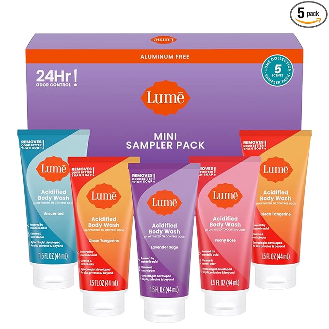 Lume Acidified Body Wash 5 Pack Minis - 24 Hour Odor Control - Moisturizing Formulated Without SLS & Parabens - 1.5 ounce Tubes (Clean Tangerine, Lavender Sage, Peony Rose, Toasted Coconut, Unscented)