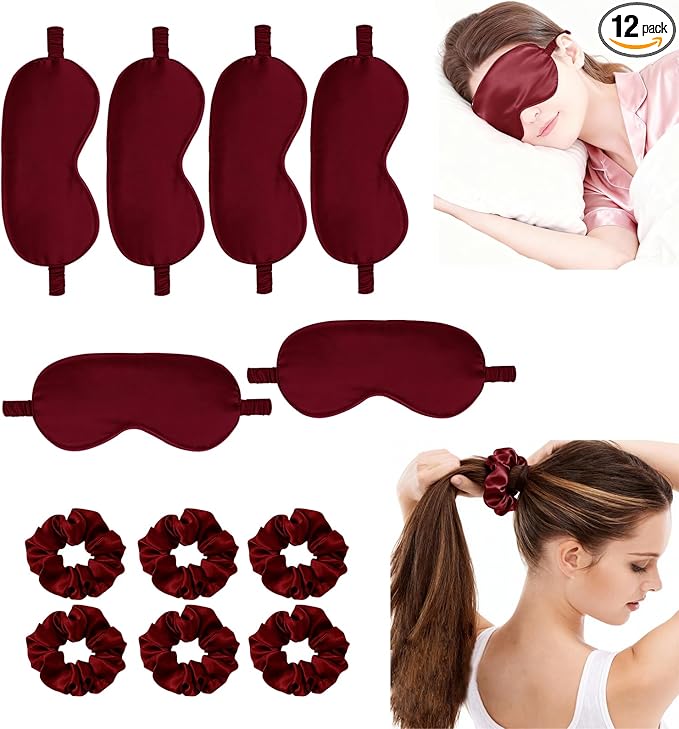 12Pcs Silk Sleep Masks Satin Eye Mask Silky Eyes Cover Blindfold Eyeshade Hair Ties Scrunchy Travel Bridesmaids Gifts