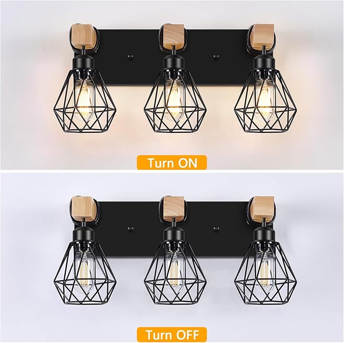 FadimiKoo 3-Light Farmhouse Bathroom Vanity Light Fixtures, Wood Bathroom Lighting Over Mirror, Black Vanity Lights with Metal Lampshade, Vintage Wall Light Fixtures for Bedroom, Living Room, Hallway