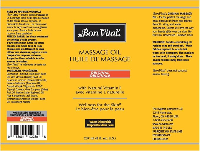 Bon Vital' Original Massage Oil, 8 Oz Bottle, Unscented Professional Massage Oil with Natural Oils & Vitamins, Water-Dispersible, No Nut Oils, Smooth Glide for All Massage Modalities