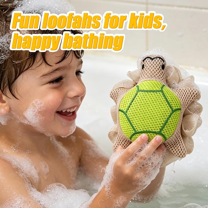 Kids Loofah, Cute Cartoon Animal Kids Bath Sponge with Hanging Rope, Soft Double Mesh for Rich Lather (Little Turtle)