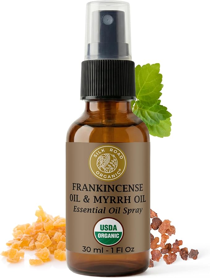 Silk Road Organic Frankincense Oil & Myrrh Essential Oil Spray, 100% Pure USDA Certified Aromatherapy for Body Aches, Stiffness & Tingling, Stress Relief, & Skin - 1 Oz Spray