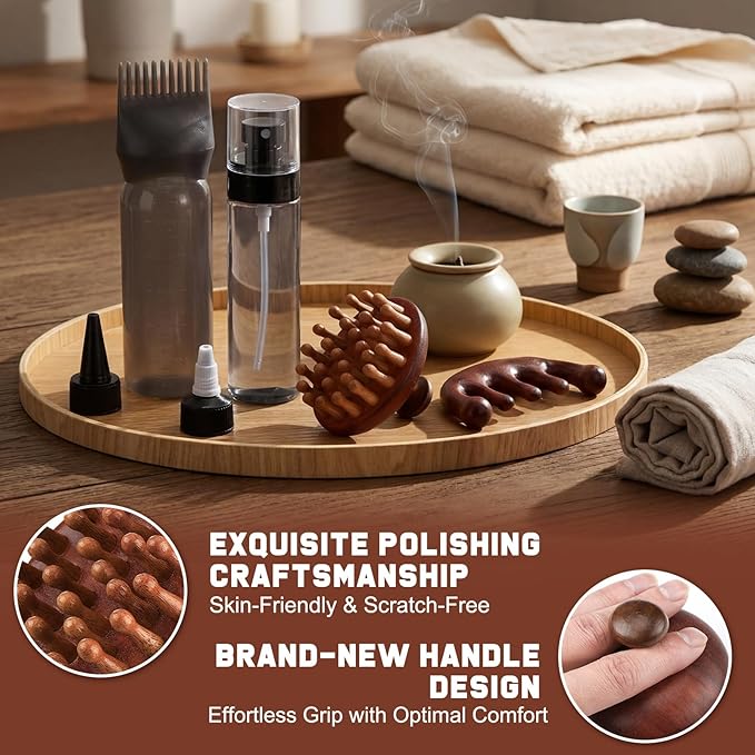 ProSuites 6 in 1 Set Wooden Head Scalp Massager Comb Tool Hair Gua Sha Comb with 6 OZ Hair Oil Applicator Bottle Spray Bottle for Relaxation