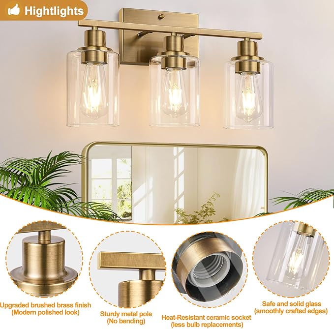 Indoi 3 Light Bathroom Light Fixtures, Brass Vanity Lights for Bathroom with Clear Glass Shades, Modern Bathroom Wall Sconces for Mirror Living Room Cabinet