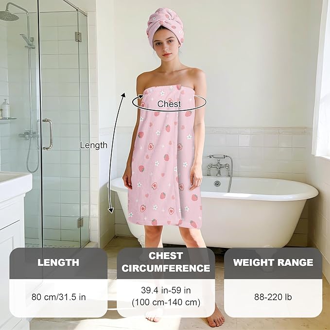 Absorbent Bath Towel Wrap Set for Women, Pink Strawberry Print Towel Wrap After Shower, Microfiber Shower Robe Body Towel Wraps for Women, Quick Dry Hair Towels Wraps for Spa Hotel Beach Girl