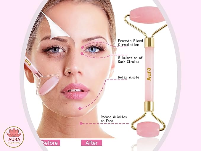 Premium Certified Luxury 100% Authentic Rose Quartz Pink Roller & Gua Sha Set for Anti-Aging Skin Care, Muscle Relaxation, Fine Line Reduction, and Eye Puffiness Relief