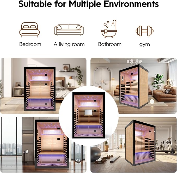 OUTEXER Sauna for 2 Person Far Infrared Saunas 2100W 120V Room Home Canadian Hemlock Indoor Low-EMF Dry Saunas with with Oxygen Bar 7 Color Light 53.1 * 47.2 * 74.8inch