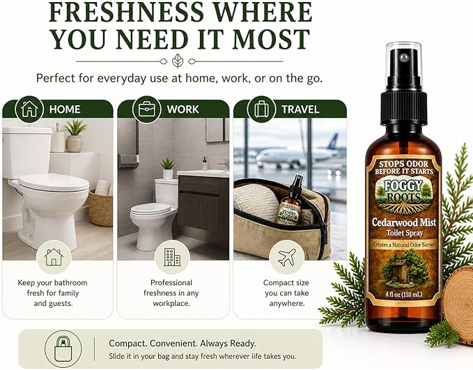 Cedarwood Pre-Poop Toilet Spray – Stops Odor Before It Starts, Bathroom Odor Eliminator, 4 oz (200+ Uses), Travel, Home & Work