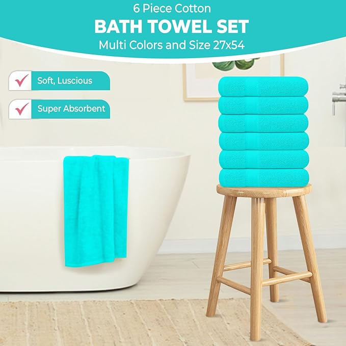 KAHAF COLLECTION 6 Pack Bath Towels Set (27 x 54 Inches) 100% Ring Spun Cotton, Lightweight, Quick Dry, Highly Absorbent Towels (Aqua, (27x54) Inches)