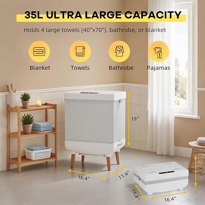 Towel Warmers for Bathrooms, 35 Liter Portable Collapsible Electric Towel Heater with Heating & Drying Modes, Telescopic Rod, Heated Blanket Warmer Dryer for Home, Spa, Travel