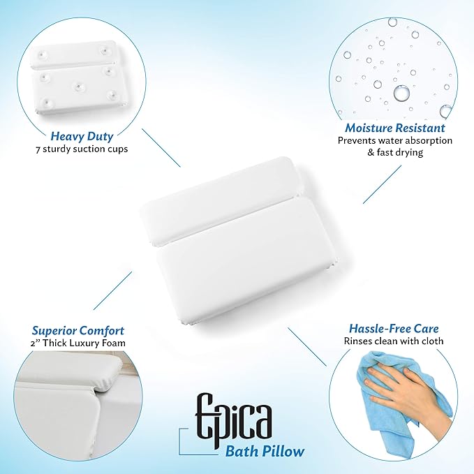 Epica Bathtub Pillow | Luxury Bath Accessories for Women & Men, Bath Decor | Non-Slip Waterproof Cushion with Strong Suction Cups, Headrest Pillow, Hot Tub Pillow, Spa Bath Cushion, Rectangle