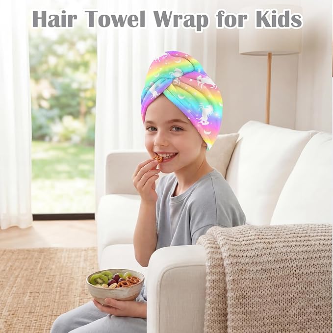 Microfiber Hair Towel Wrap for Kids 2 Pack Quick Drying Hair Towels with Button Hair Turbans for Wet Hair Absorbent Quick Dry Wraps Head Towel Wrap for Women and Girls, Rainbow Blue Purple Unicorn