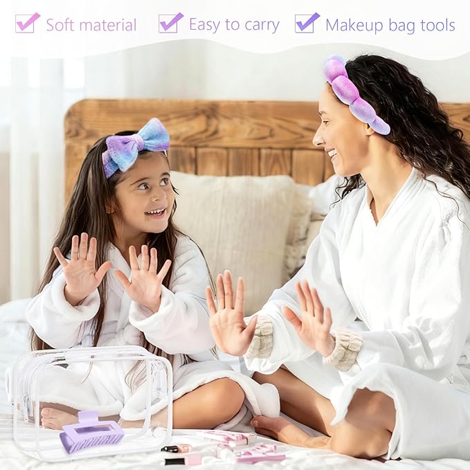 Giesiery SPA Headbands and Wristband Set for Face Washing with Clear Bag Cute Skincare Makeup Headband Wrist Bands Hair Clips for Women Teenage Girls Gifts Trendy Stuff Tie-dye Purple