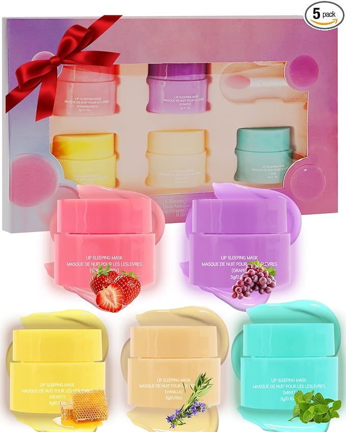 Lip Sleeping Mask Set,5 Pcs Moisturizing Lip Balm for Repair Dry Cracked Lips,Deep Hydrating Overnight Lipgloss Day&Night Non-Sticky Lips Primer Moisturizer Balms,Women Lipoil Care Christmas Gift