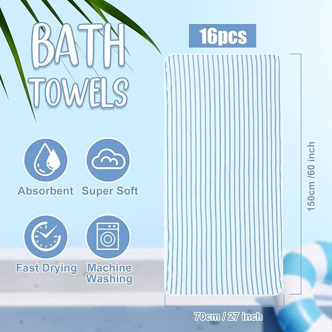 SmoothNovelty 16 Pack Microfiber Bath Towels Bulk 27'' x 60'' Oversized Size Bath Towel Highly Absorbent Extra Large Soft Drying for Beach Shower Summer Salon Sport Gym Party (Stripes,Blue)