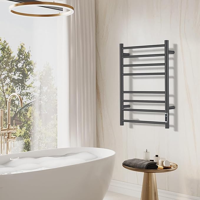 Towel Warmer Bathroom Wall Mounted Drying Rack Plug-in Electric Heated Towel Rack Stainless Steel Black with Timer & Temperature Control 8 Bar