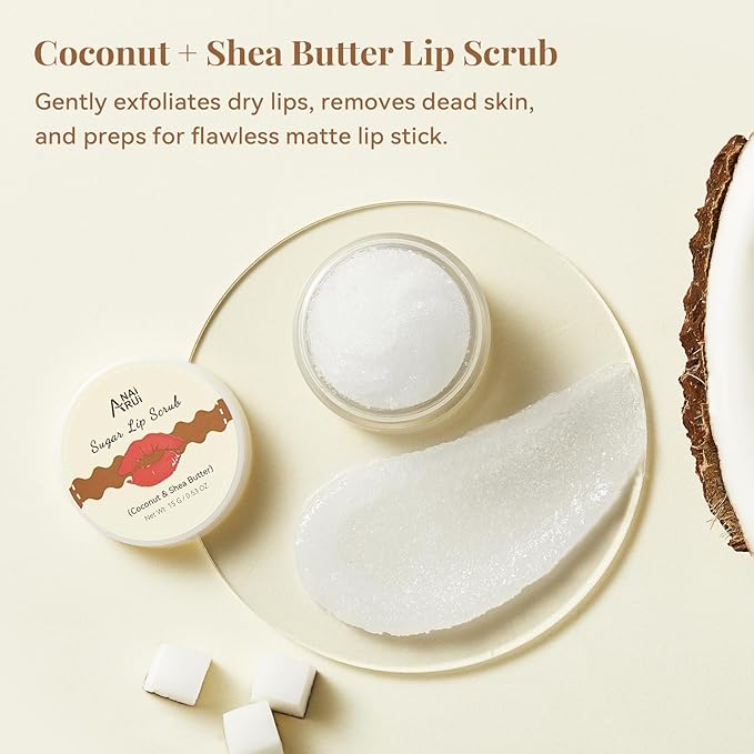 ANAI RUI Coconut Lip Scrub & Lip Mask Set with Shea Butter, Lip Scrubber Exfoliator Enriched with Vitamin E, Sugar Scrub for Dry Lips, Hydrating Lip Mask, Mothers Day Gifts For Women
