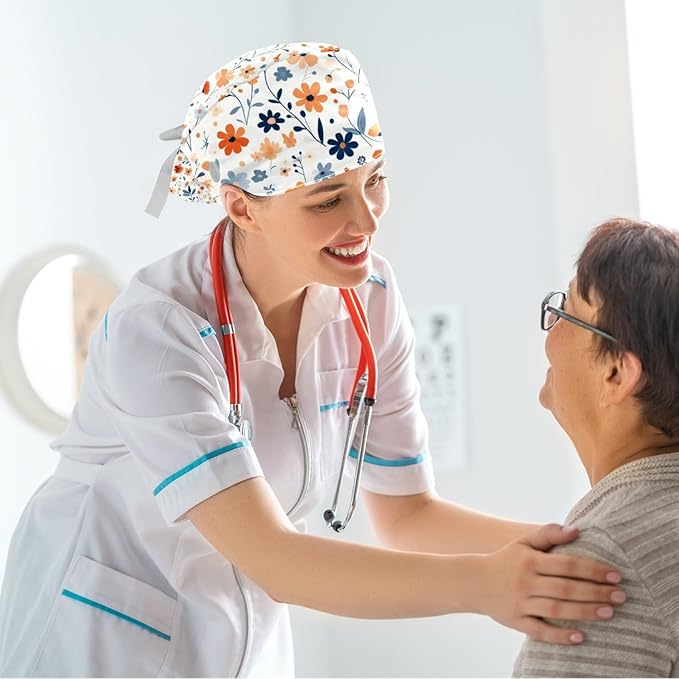 Scrub Caps Women Nursing Hats Floral Flowers with Buttons Ponytail Working Adjustable Pouch Tie Back