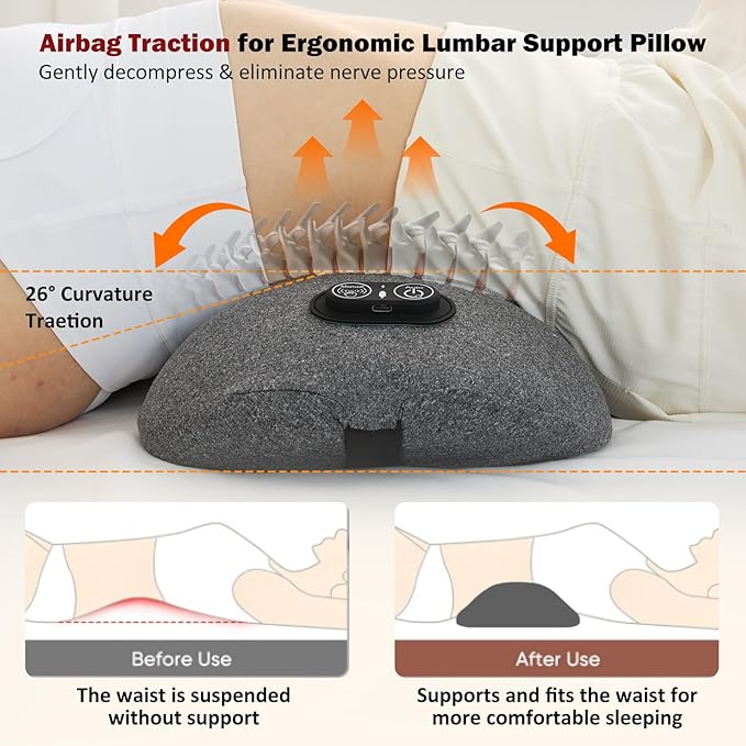 3-in-1 Rechargeable Smooth Triple Fusion Back Massager with Heat, Vibration, Traction, Electric Lumbar Support Pillow for Sleeping, Office, Car, Home