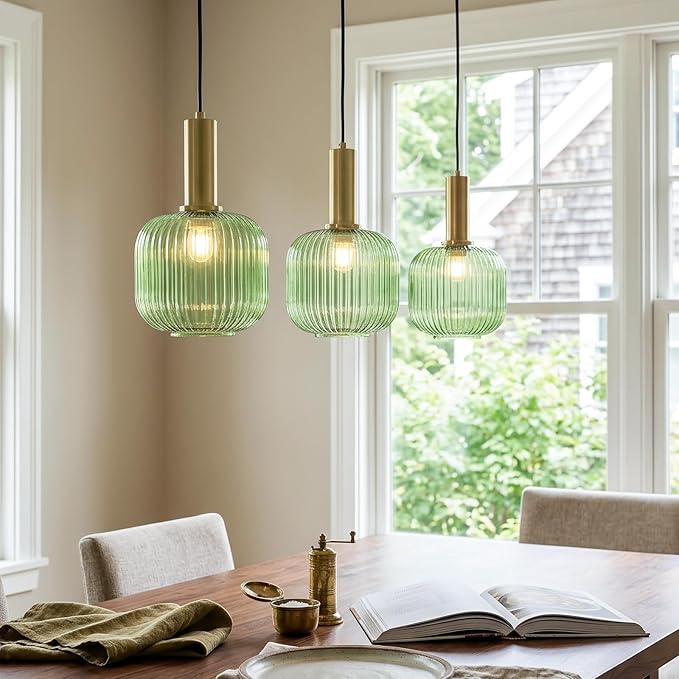 KCO Lighting Vintage Green Glass Pendant Light Kitchen Island Lighting Farmhouse Ribbed Glass Pendant Lighting Large Globe Pendant Light Fixture Brass Gold Single Ceiling Hanging Light