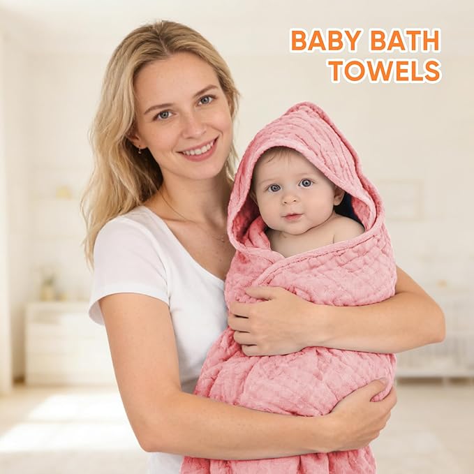 MIGIOL Muslin Hooded Baby Towels 100% Cotton ，Super Soft Muslin Baby Bath Towel - 32 x 32 Inches, Suitable for Newborn and Young Children up to 3 Years Old. (Light Pink & Dark Pink)