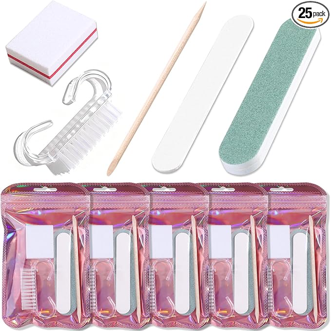 5-Piece Disposable Manicure Kit, Bulk Mini Nail Care Set with Nail Files, Buffer, Cuticle Pusher & Cleaning Brush, Pedicure Salon Supplies, Party Favors, Limas Desechables para Uñas