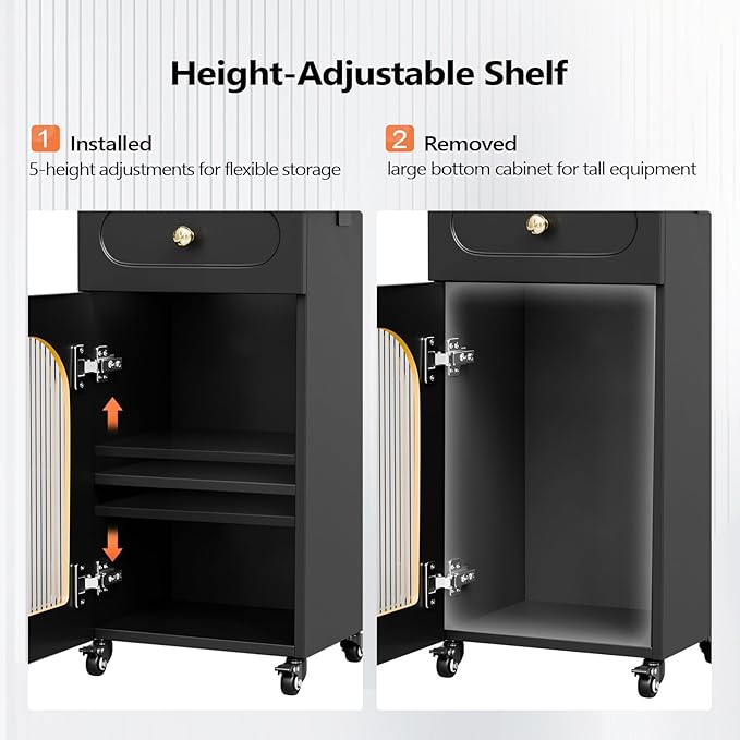 OmySalon Salon Cart with Wheels, 3-Tier Rolling Beauty Cart with Glass Door & Dryer Holder, Mobile Hair Styling Station for Barber, Spa, Esthetician, Nail & Tattoo Artists, Lockable Storage, Black