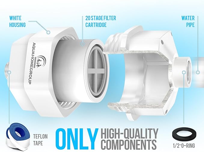 AquaHomeGroup 20 Stage Shower Filter - Reduces Chlorine, Heavy Metals and Sediment - Vitamin C and E - High Output - Universal Fit - White