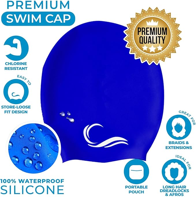 Interlaken Silicone Swim Cap (Check Size Before Buying) - Waterproof Black, Red & Blue Swim Cap
