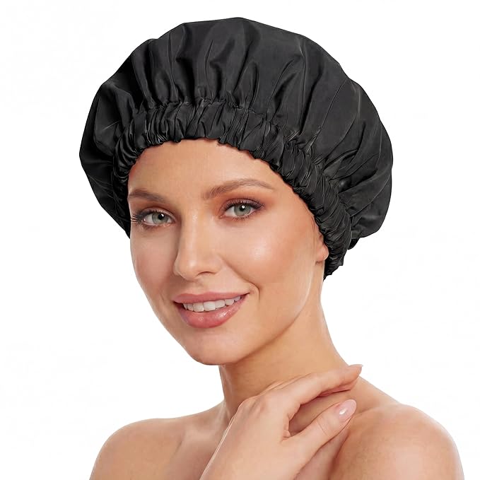 Reusable Shower Cap for Women, Large Waterproof Shower Bonnet with Elastic Band, Washable Bath Hair Cap for Long, Curly Hair, Braids, Daily Shower, Home Spa, Travel(Black)