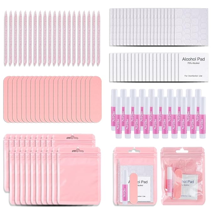 Press On Nail Tool Kit with Everything, Bebbtiy Nail Prep Tool Disposable Manicure Kit with Nail File, Nail Glue, Prep Pads, Adhesive Nail Tabs,Wood Stick, Packaging Bag (20pcs-pink)
