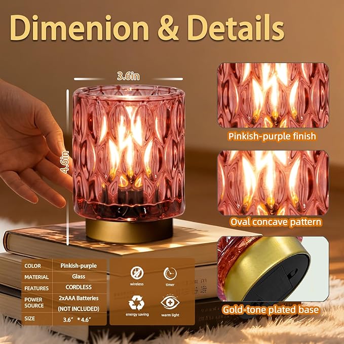 Battery Operated Table Lamps Timer, Mini Crystal Lamp for Area No Plug, Cordless Lamp with LED Bulb for Power Outage, Decorative Lamps for Tabletop/Corner/Entryway/Stairway/Bathroom/Fireplace (2 Pink)